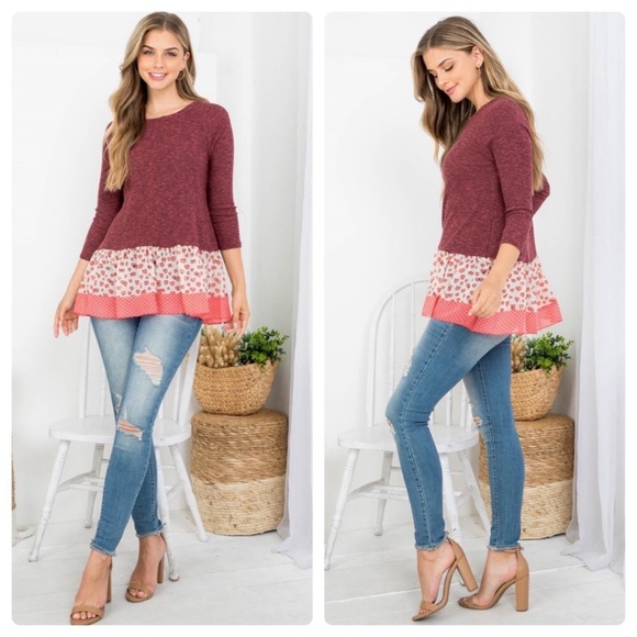 BURGUNDY KNIT AND PRINT RUFFLE TOP - Picture 2 of 9